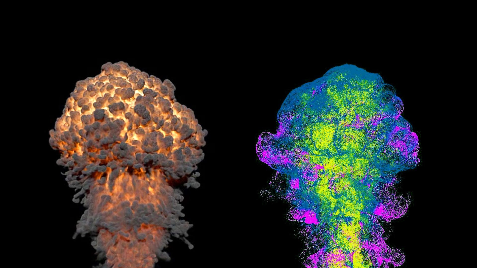 The same aerosol simulation shown shaded and as raw velocity data