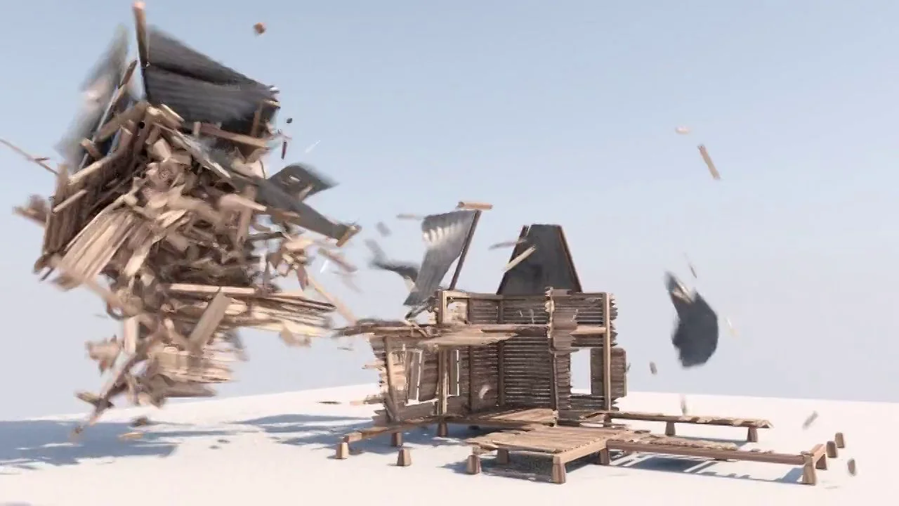 A timber structure breaking apart into hundreds of rigid body fragments