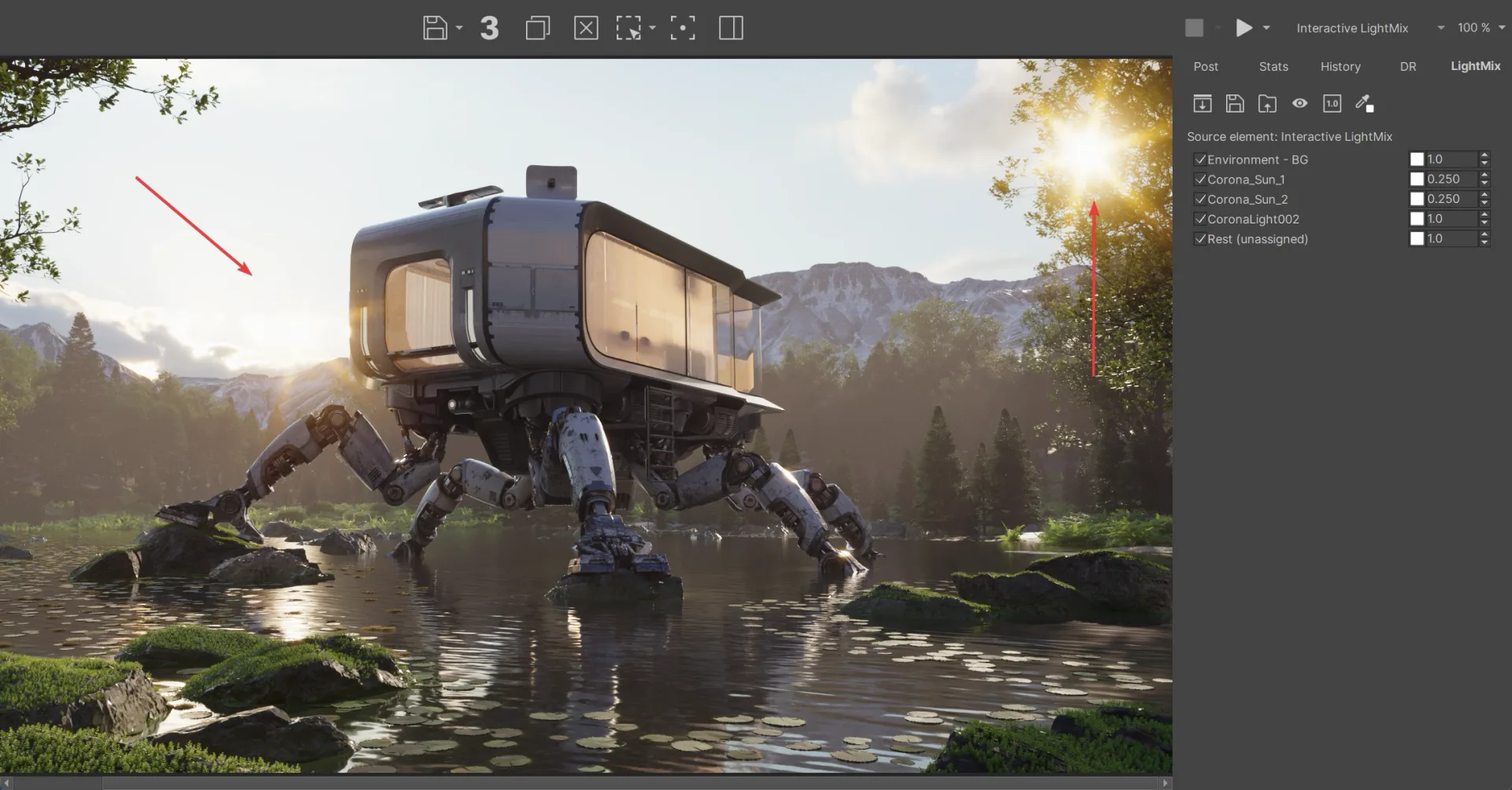 Interactive LightMix sliders adjusting each light in the Corona frame buffer