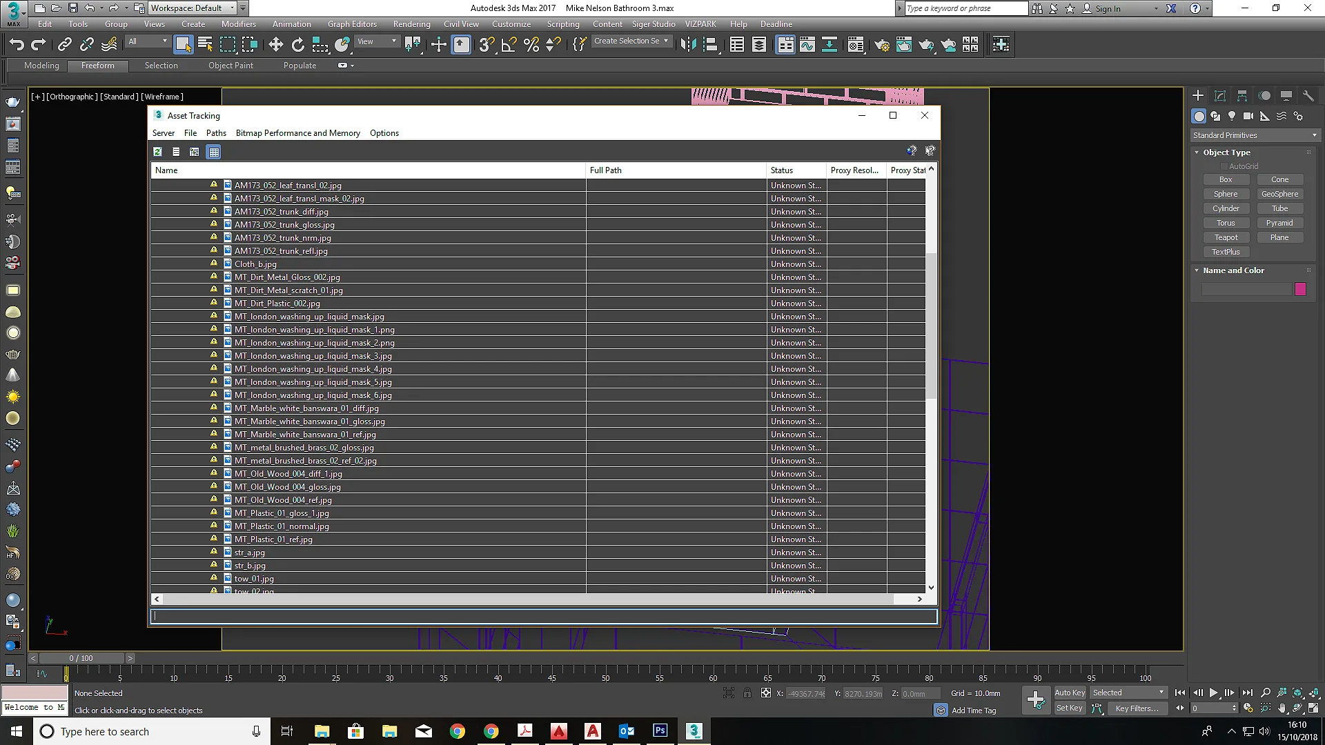 The 3ds Max Asset Tracking window listing texture paths it cannot resolve