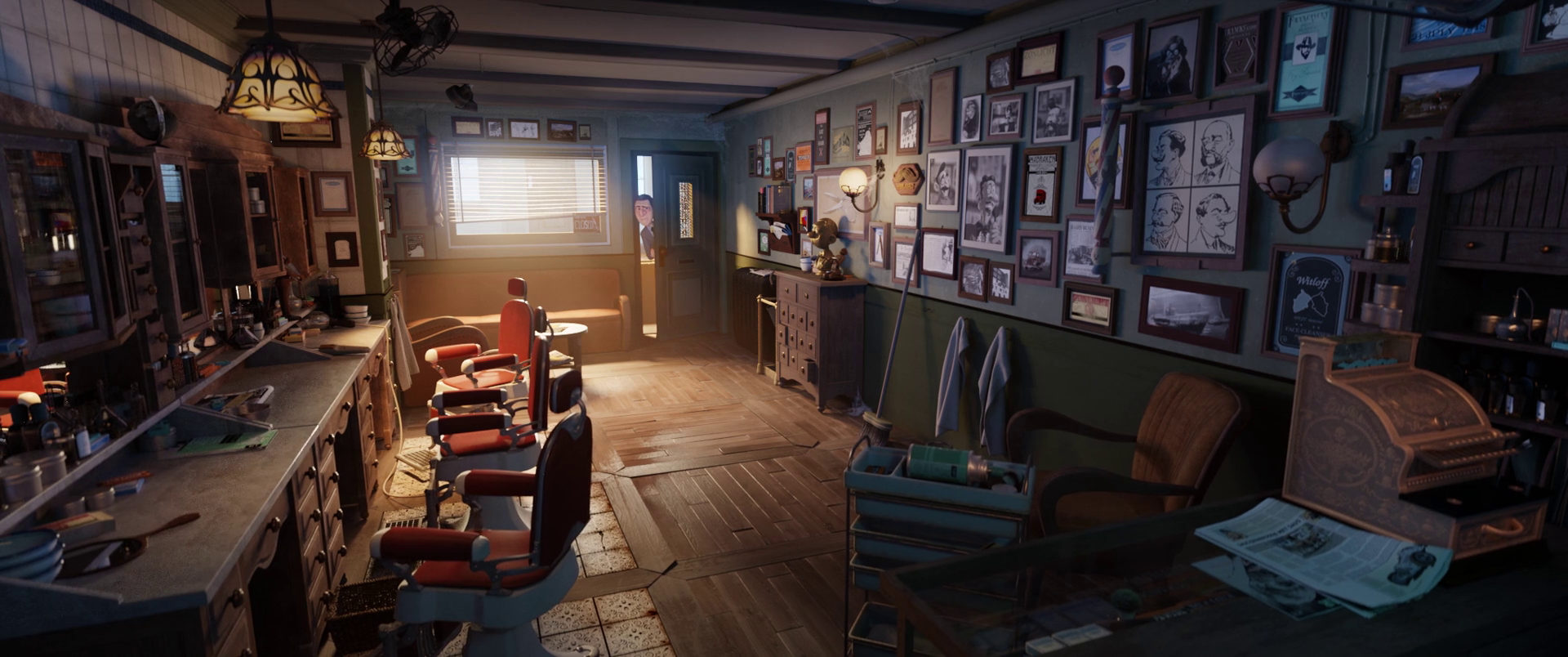 The Agent 327 barbershop, a heavy indirect-light Cycles scene