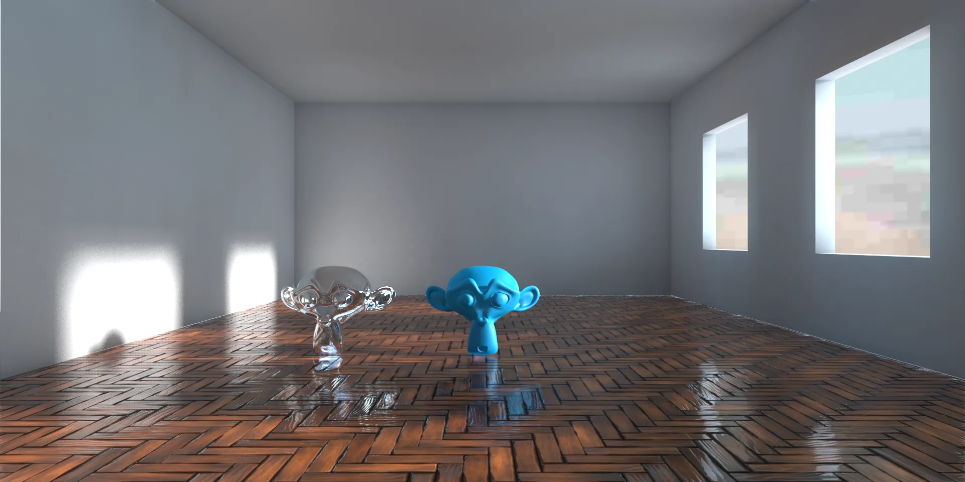 Glass and metal casting caustics across a parquet floor