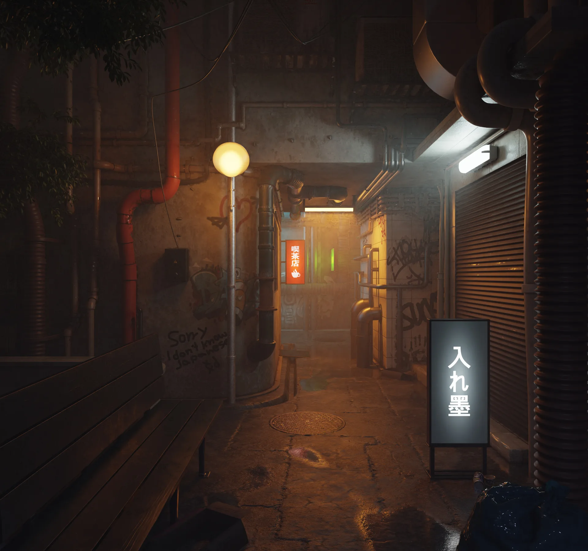 Practical lights carrying a night alley scene rendered in Cycles