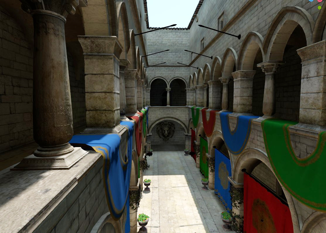 Real-time global illumination across a courtyard rendered with EEVEE
