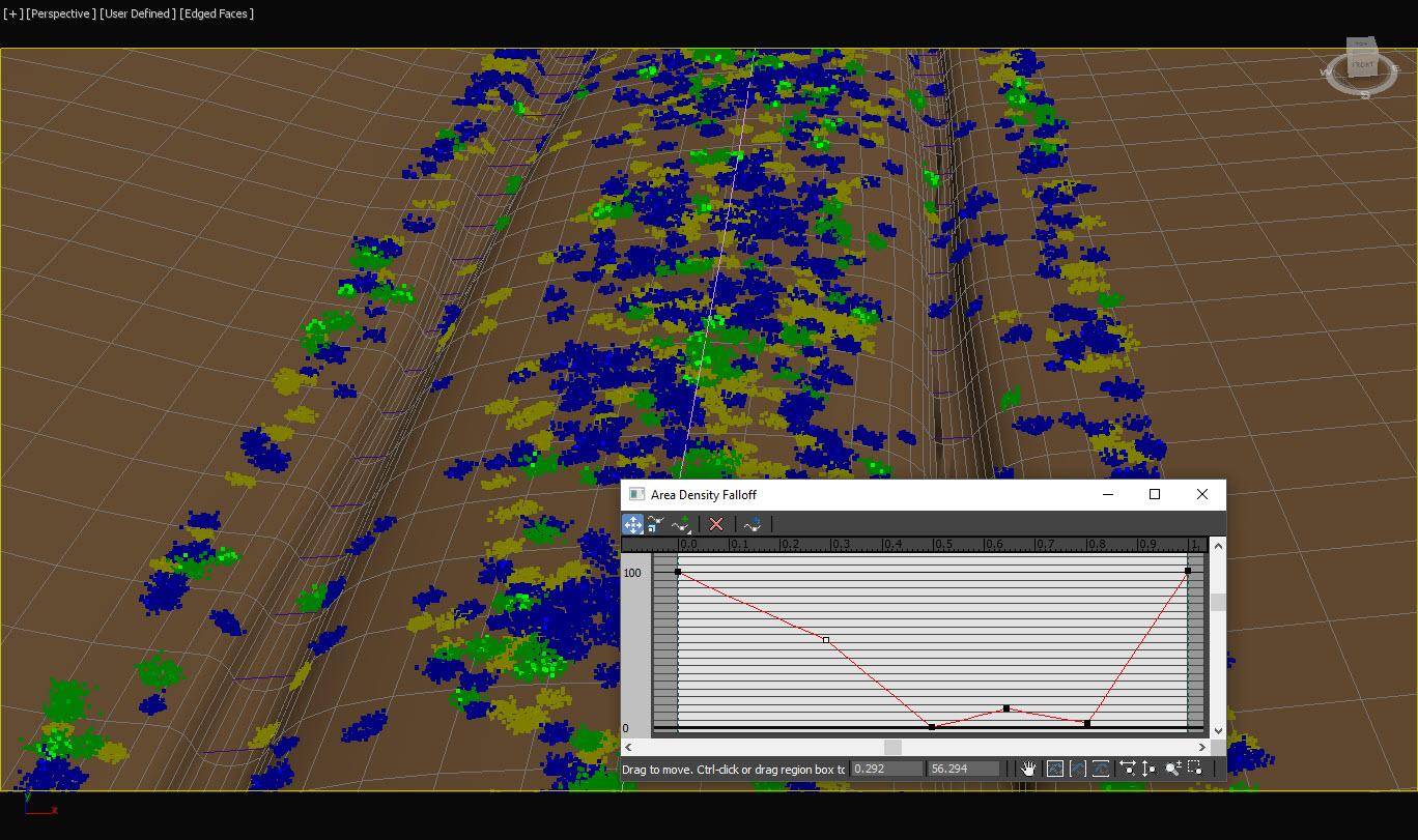 Forest Pack point-cloud viewport display with an area density falloff curve