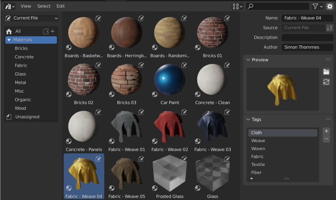 Linked assets resolved through the Blender asset browser