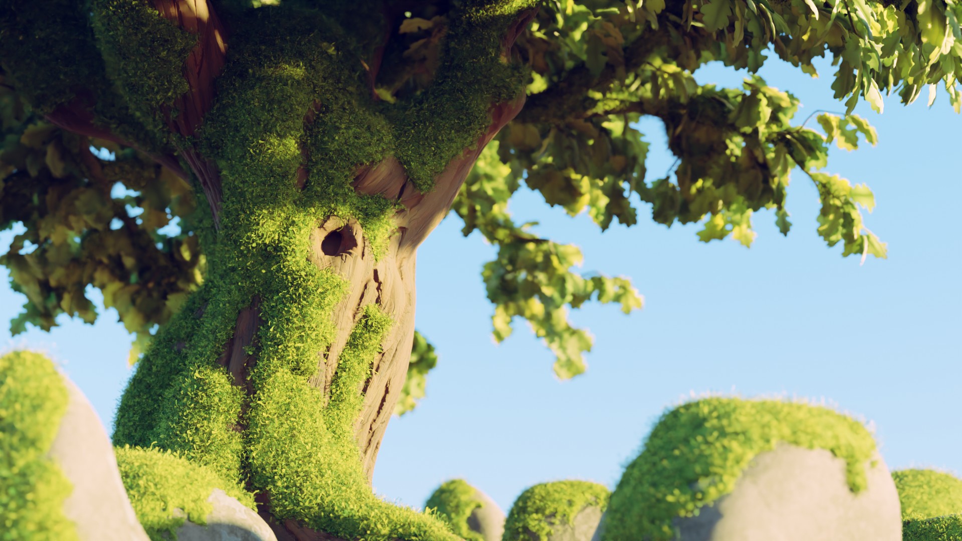 Tree, leaves and moss generated procedurally with geometry nodes
