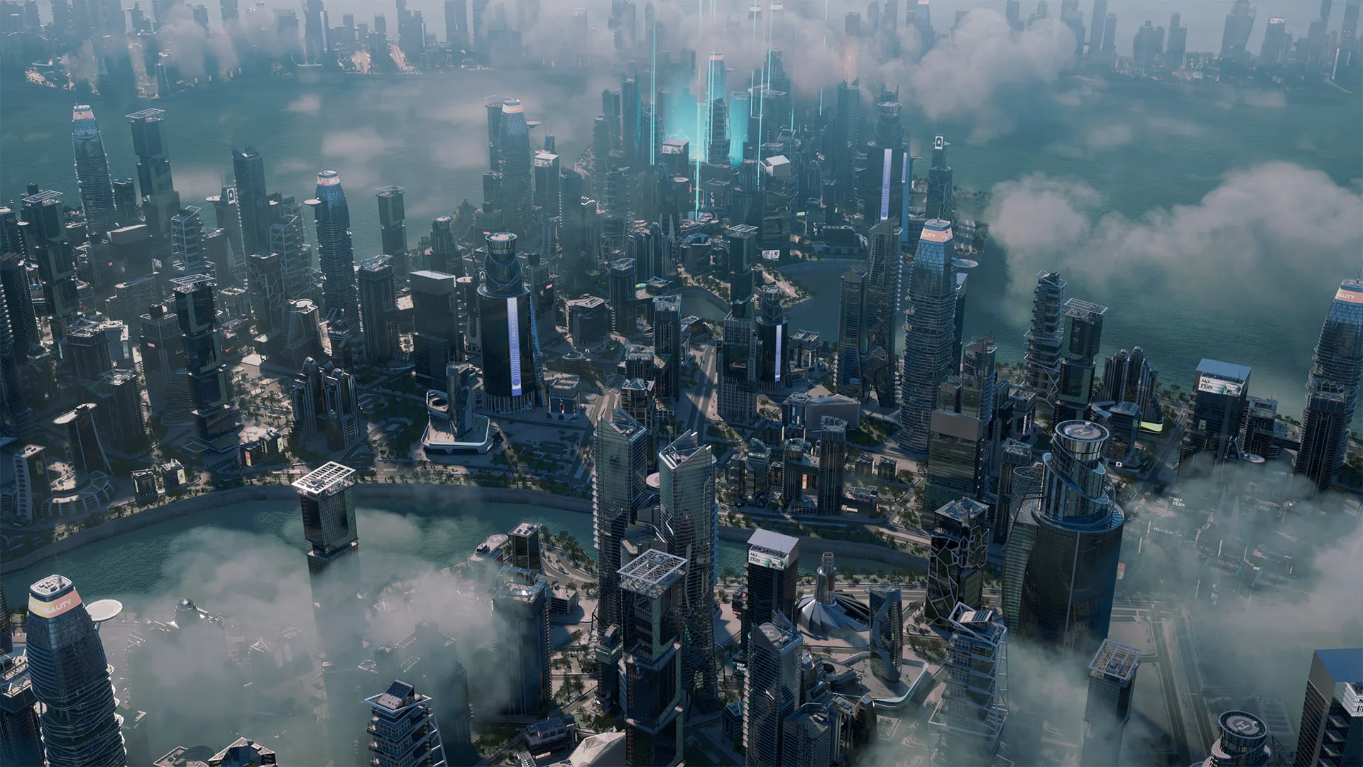 A procedurally generated cityscape seen from above