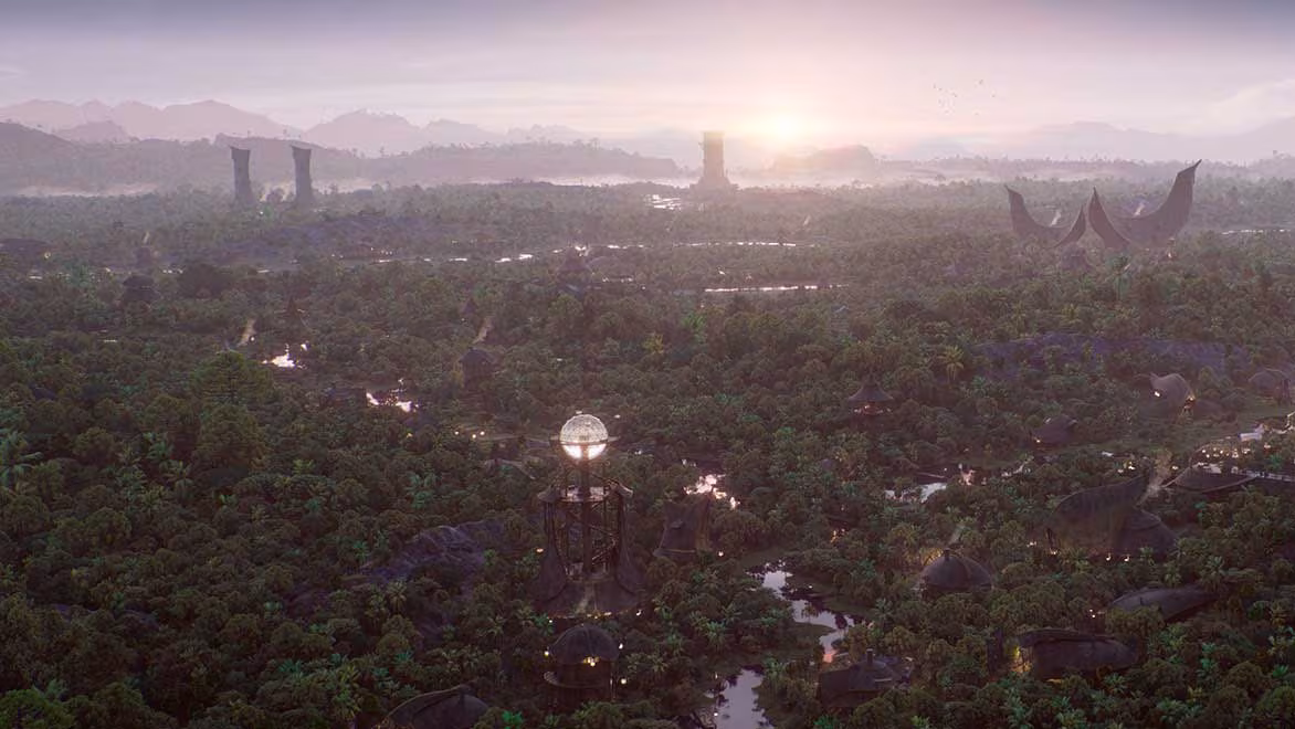 A settlement scattered procedurally across a forested valley