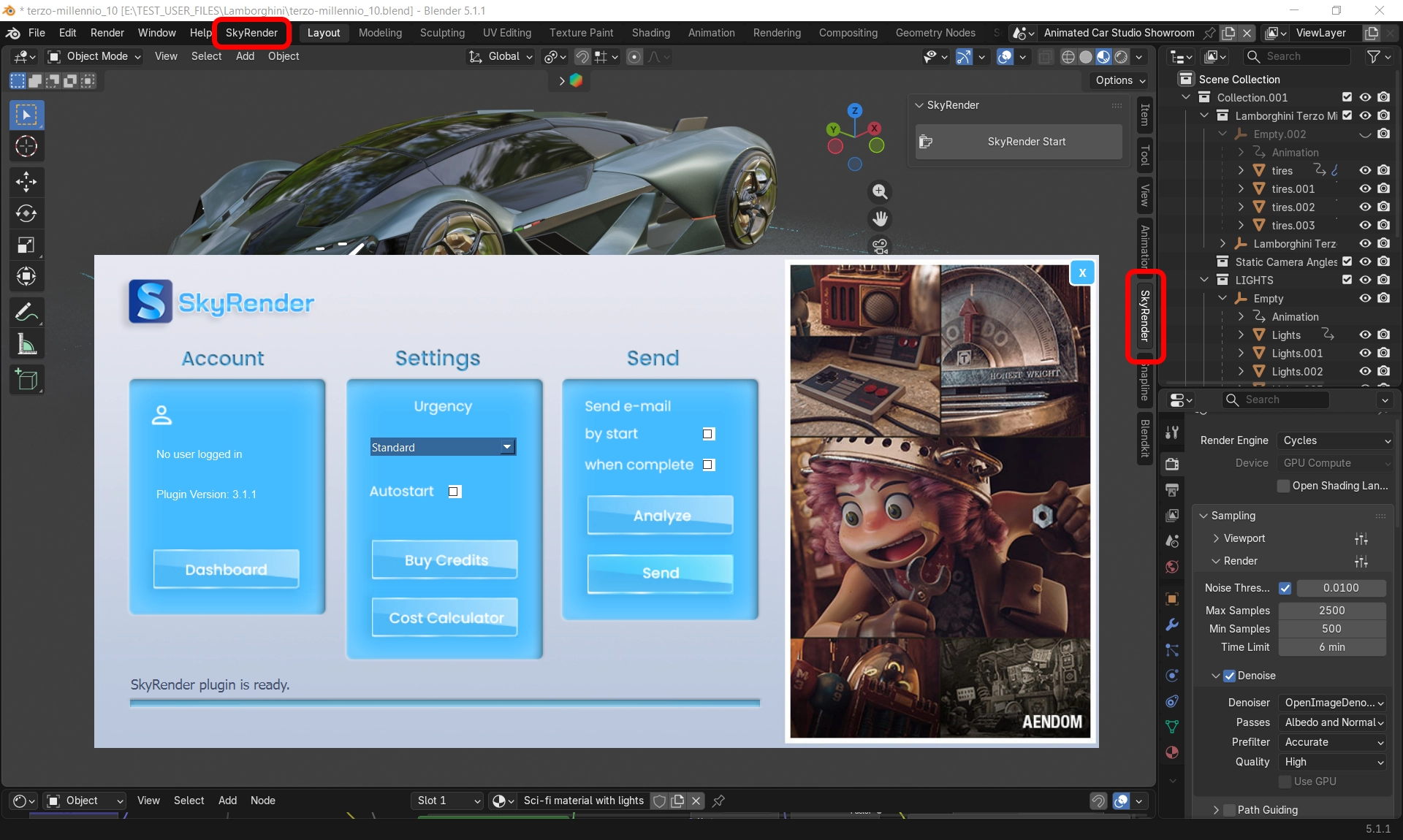 The SkyRender plugin interface, with the Send to SkyRender button highlighted