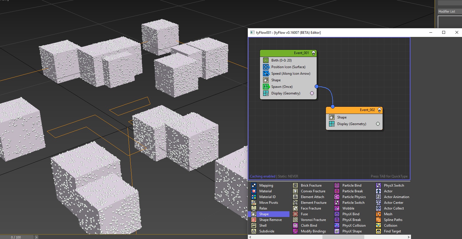 A tyFlow event graph driving voxelised fragments in the 3ds Max viewport
