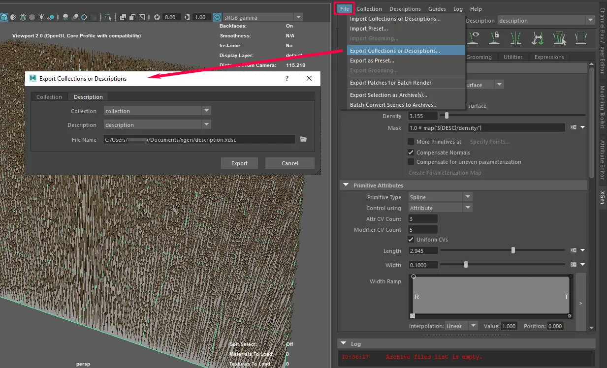 The XGen Export Collections dialog showing the description file path it writes
